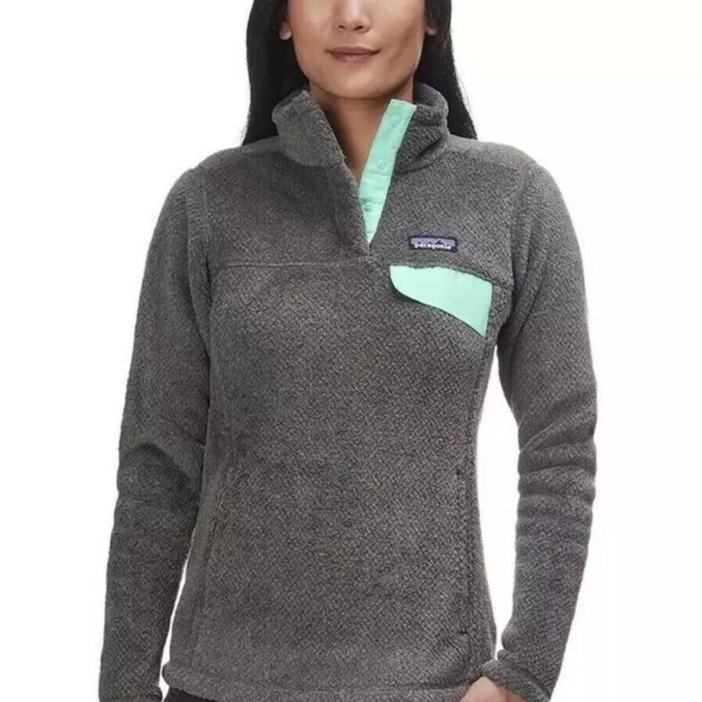 Patagonia Gray Fleece Re-tool Snap Pullover with Mint Accent